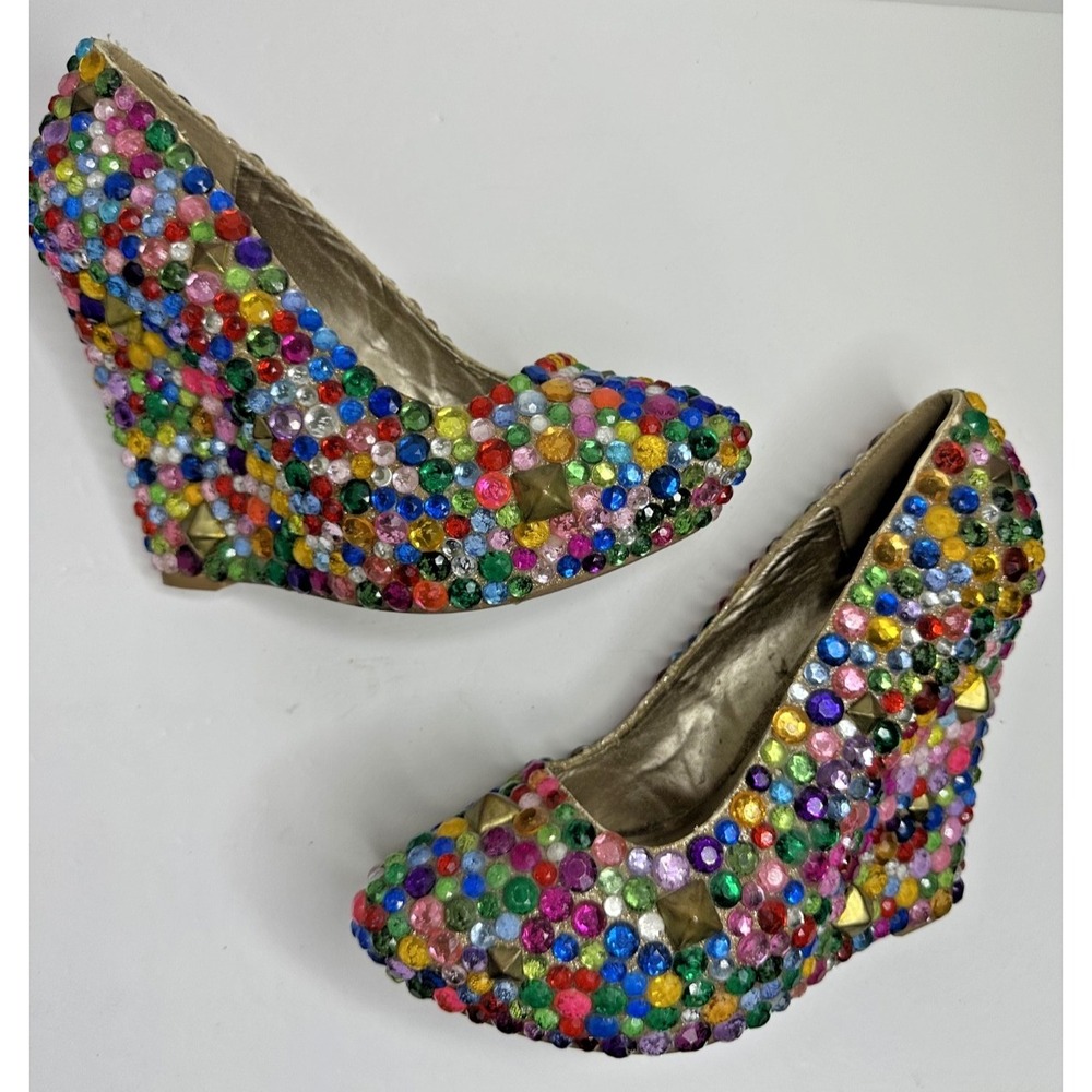 Haus Of Price high heels bejeweled Wedge Sz 10 Multicolor Bling Designer Runway
